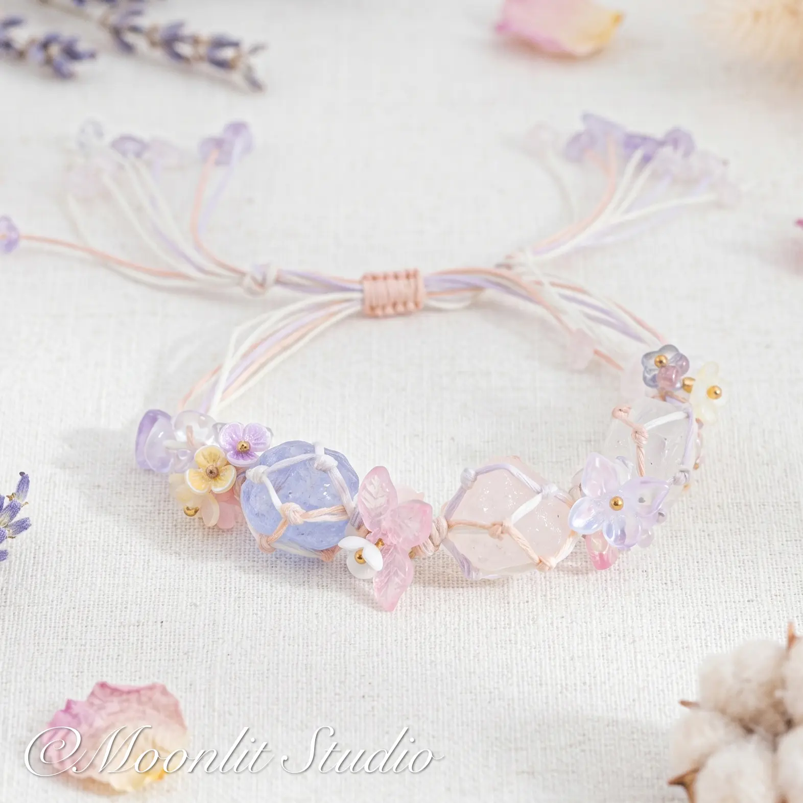 Fairycore Woven Macrame Crystal Bracelet | Adjustable Pastel Floral Bead Bangle | Lavender Pink Synthetic Quartz Raw Stone Jewelry | Cottagecore Soft Girl Boho Braided Rope Charm Bracelet | Spring Ethereal Gift For Her