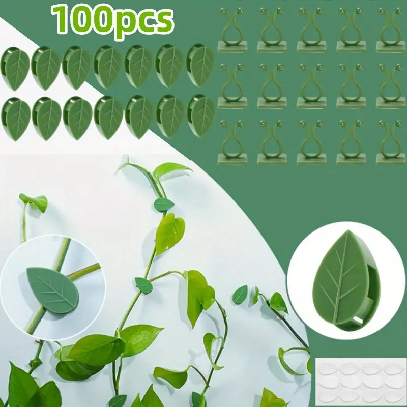100 Pcs Plant Climbing Wall Fixture Clips,Self-Adhesive Hook Vines Traction Clips,Invisible Holder,Garden Green Leaf Simulation Self-Adhesive Hook,Wire Fixing Supporting