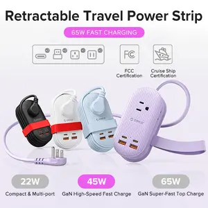 ORICO Upgraded 7-in-1 Travel Power Strip,2 Outlets & 4 USB Ports (2TYPE-C+2USB-A),65W Fast Charging, Flat Plug, Compact for Cruise, Hotel, Dorm, and Travel Essentials- TK