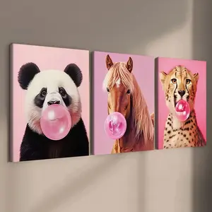 3-count wooden frame canvas, pink cute pet bubble-blowing three-piece decorative poster, perfect living room and bedroom decoration, fashionable family poster, modern wall art, Modern Home Decor