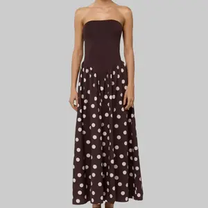 Women Long Tube Top Dress Dot Print Sleeveless Waist Cinching A Line Dress for Party Club