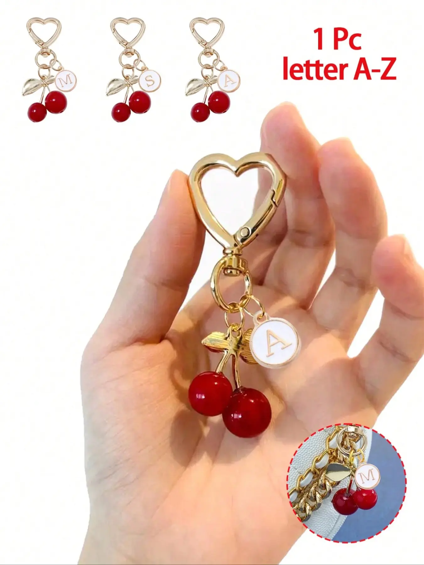 Stylish, high-quality, cute cherry gold butterfly bag charm - cherry key fashion backpack pendant decoration, keychain, bag charm alloy pendant A-Z letters, cherry keychain, bag accessory, suitable for women's wallets and bags, backpack accessories.