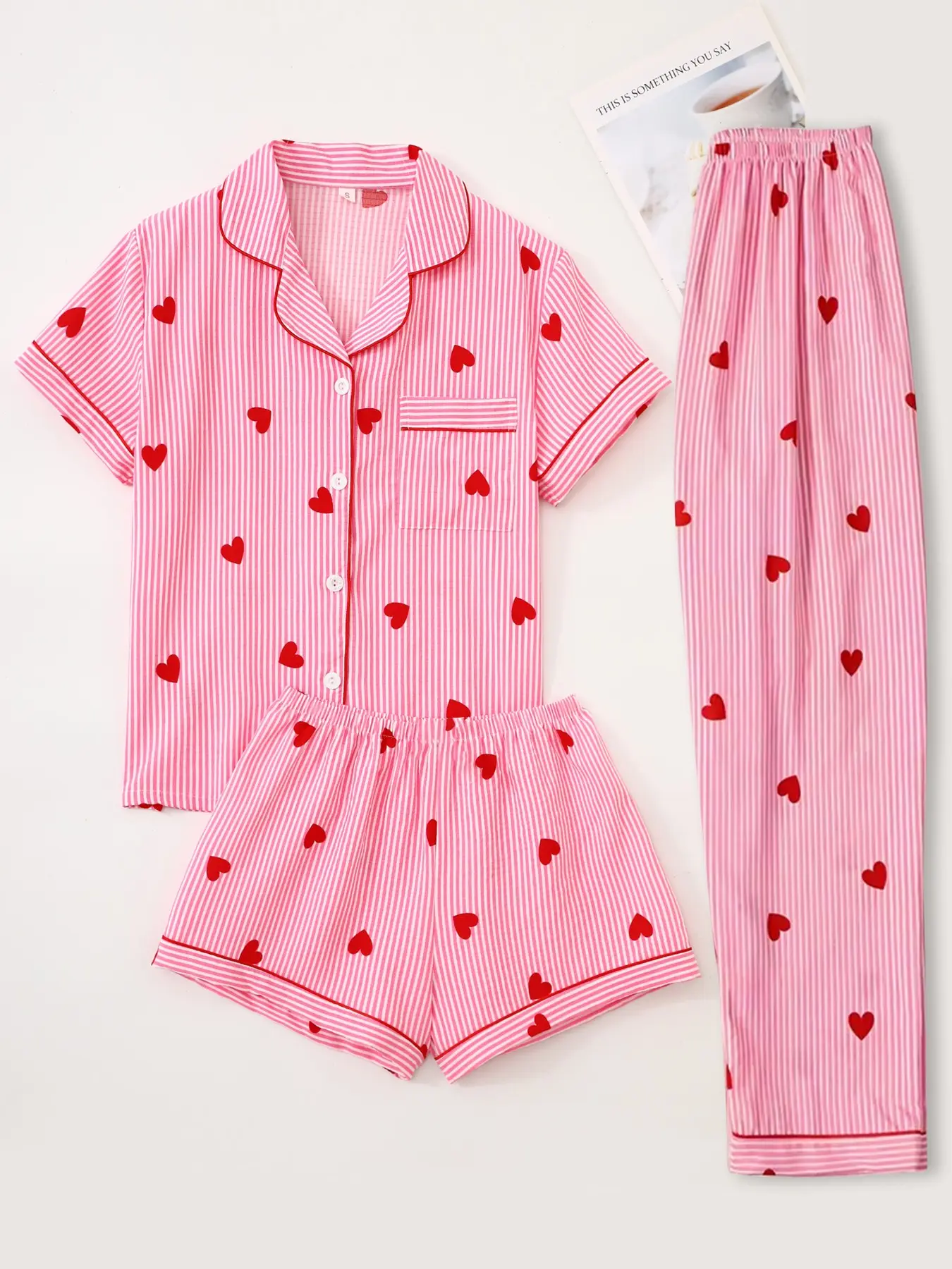 Women's All Over Print Sleepwear, Pajama Set, Pajamas Lounge Set, Pyjamas, Pjs, Short Sleeve Top & Shorts & Long Pants, Cute Striped Heart Print, Casual Fitted Loungewear