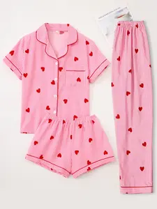 Women's Sleepwear Pajama Set, Pyjamas, Short Sleeve Cardigan Top + Shorts + Long Pants, Striped Heart Print, Casual Fitted Style, All over Print