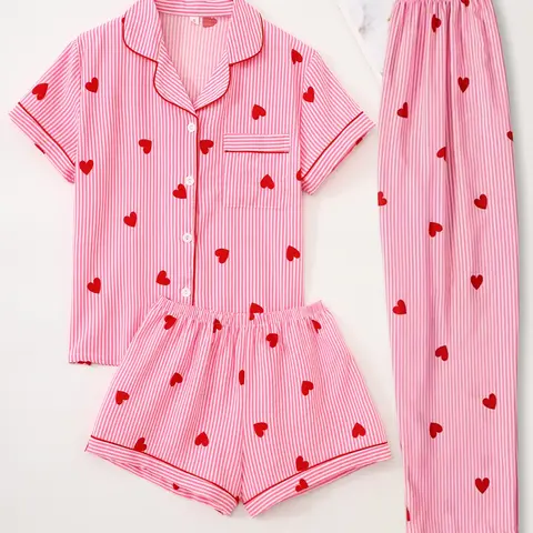 Women's All Over Print Sleepwear, Pajama Set, Pyjamas, Pjs, Short Sleeve Top & Shorts & Long Pants, Cute Striped Heart Print, Casual Fitted Loungewear, Printed Sleepwear Set