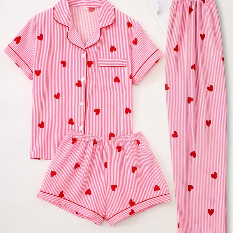 Women's All Over Print Sleepwear, Pajama Set, Pyjamas, Pjs, Short Sleeve Top & Shorts & Long Pants, Cute Striped Heart Print, Casual Fitted Loungewear, Printed Sleepwear Set
