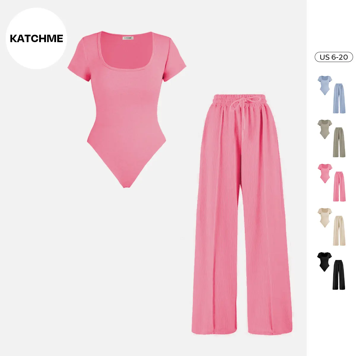 KatchMe Women's Minimalist Square Neck Bodysuit & High Waist Wide Leg Trousers Co-ord, Shapewear Bodysuit, Casual Two-piece Outfit for Womenswear