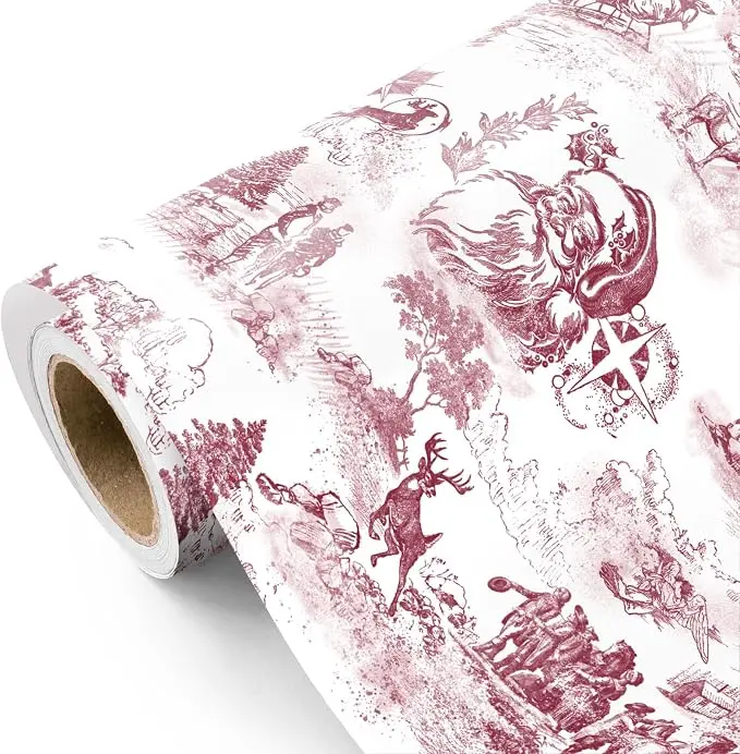 WRAPAHOLIC Toile Vintage Christmas Wrapping Paper Santa Toile de Jouy,Unicorn & Tree,Cat,Rocking Horse Wrapping Paper for Adults,Kids Celebration Xmas Holiday, Party Gift Exchange,Mini Roll 17 Inch x 16.5 Feet