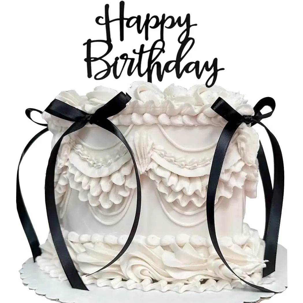 XY-SO18 Sturdy Plastic/Fabric Bow Happy Birthday Heart Cake Topper - Coquette Themed Black Vintage Decoration, Easy-to-Use Pink Ornament for Cake/Dessert, Anniversary Supply, Black Bows For Cake