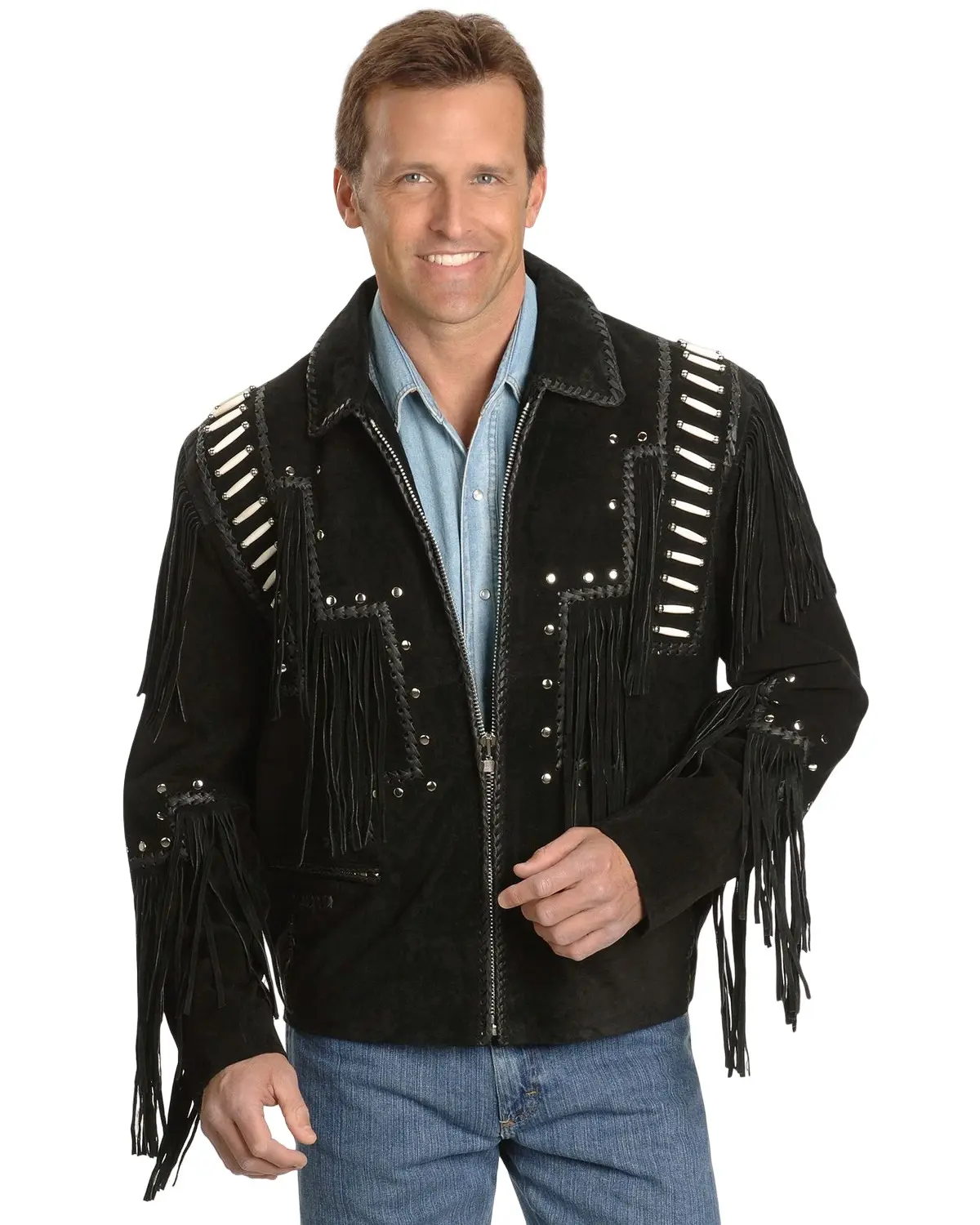 Liberty Wear Men's Bone Fringed Leather Jacket - 483-Black