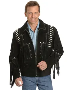 Liberty Wear Men's Bone Fringed Leather Jacket - 483-Black