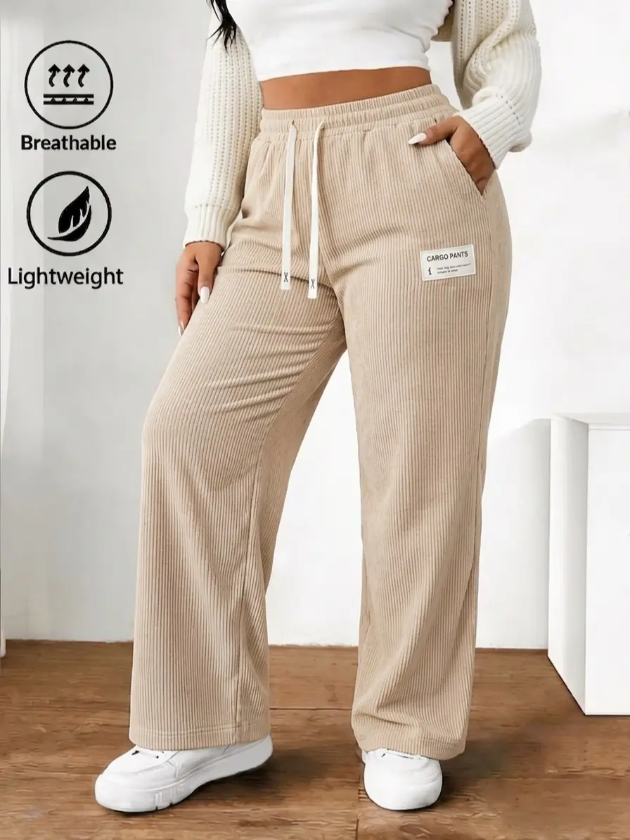 Women’s casual corduroy high-waisted pants, loose straight fit with an elastic drawstring design, suitable for outdoor wear., Clothes, Basic, High-Rise Relaxed Straight Pants, Polyester backtoschool, High Waist