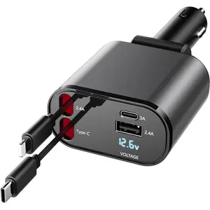 4 in 1 Retractable Car Charger, USB C FastCharging Adapter[Max100W] with LightningCable&Dual Charge Port Compatible with iPhone15/14/13 Pro Max Plus/iPad/AirPods,SamsungGalaxy S23/S22/S10,Google Adjustable Cellphone