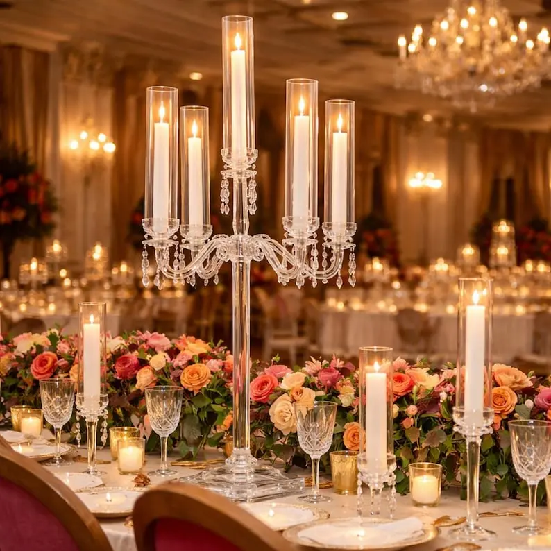 40” Tall 5-Arm Crystal Glass Candle Holder | Wedding Centerpiece | Luxury Candelabra | Event Table Decor