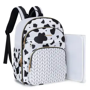 KABAQOO Cow Print Multifunctional Diaper Bag Backpack - Waterproof, Adjustable, Large-Capacity Lightweight Mommy Bag with Changing Pad, Insulated Pockets, Functional Baby Travel Organizer for Moms, Diaperbags
