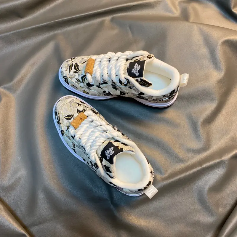 Men's Casual Trainers - Unisex Large-Size Preppy Japanese Cloth Jacquard Closed Sneakers, Wide Round Toe, Breathable, Thick Braid Shoelaces, Rubber Sole, Heel Pull Tab, All Seasons Walking Training Shoes, Skater Minimalist Style, Fabric, Basic