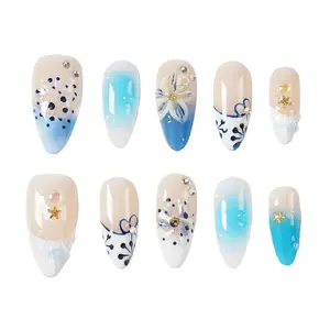 Blue Ombre Press on False Nails - Medium Almond Shape, 3D Ocean Ripple French Tip, Handmade Tropical Shell Polka Dot Flower Design, Summer Vacation Style (Big Island-B,M)