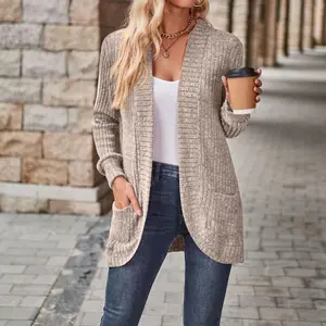 Women's Long Striped Sleeve Open Front Knit Cardigan Sweater Curved Placket Large Pocket Sweater