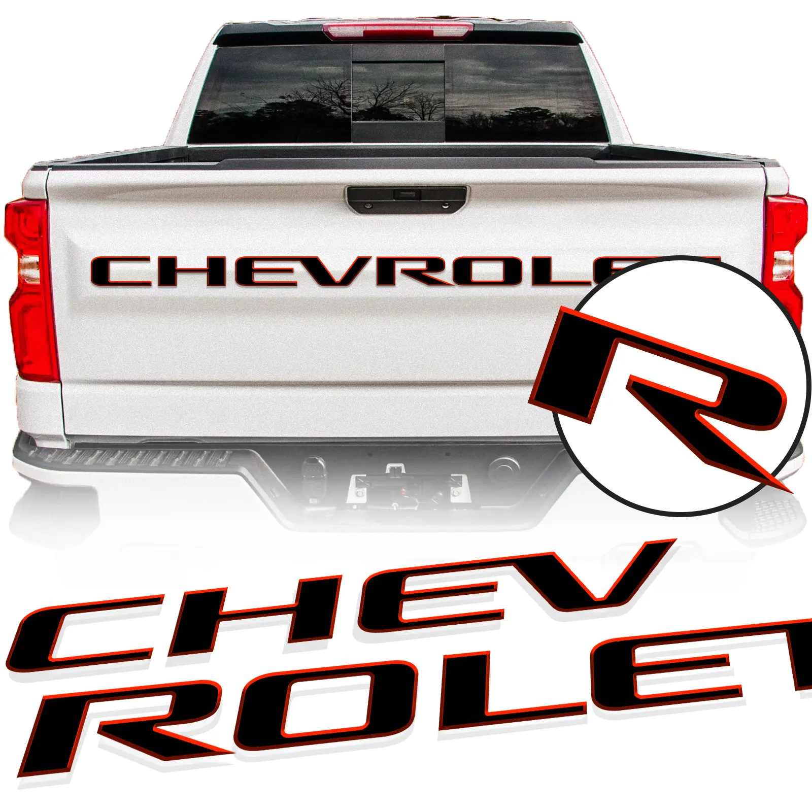 3D Tailgate Letters Badges Overlay, Automotive Accessories for 2019-2025 Chevrolet Silverado, Car Exterior Truck Sticker Decals with Strong 3M Adhesive, Weatherproof ABS Gloss Black with Red Border, Vehicle Exterior Decoration