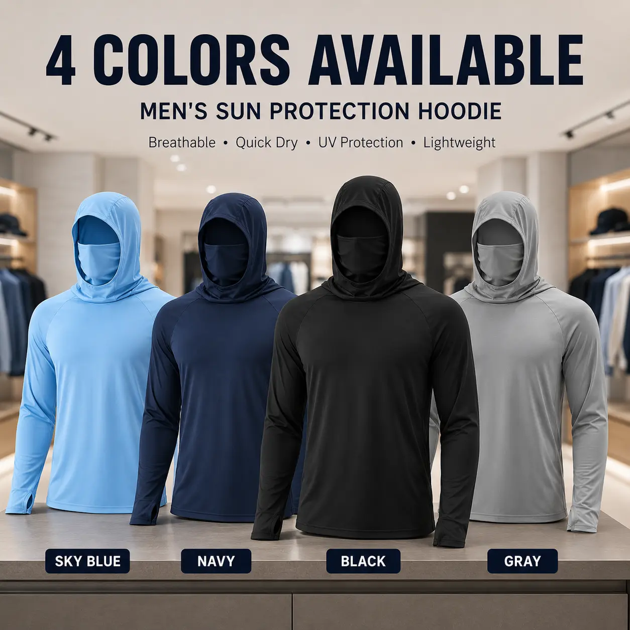Men's Sun Protection Hoodie with Mask UPF 50+ UV Long Sleeve Shirt Men Rash Guard Performance Fishing Hiking Shirt
