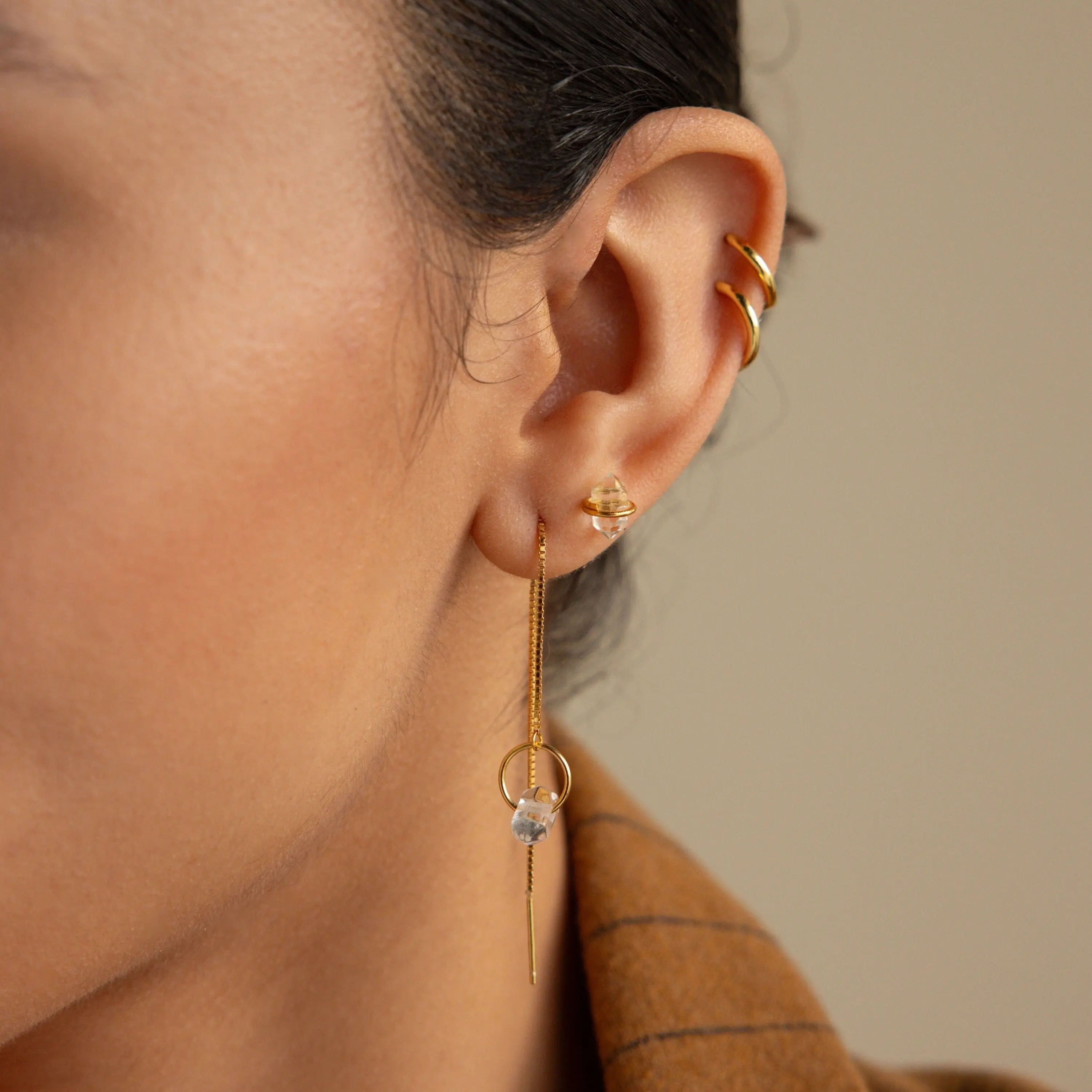 Herkimer Diamond Earrings Set by Caitlyn Minimalist - Long Crystal Threader Earrings & Dainty Gemstone Stud Earrings - Boho Jewelry - Gift for Her