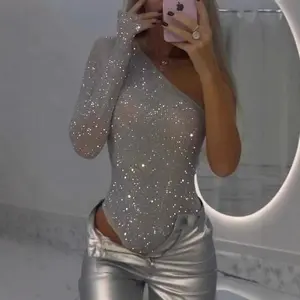 Sparkling Rhinestone One - Shoulder Bodysuit Perfect For Party Nights, Club Outfits & Glam Photos, Shine Bright Like A Star bodysuits women shapewear bodysuit Fabric Polyester Womenswear Solid Style Tops(Sheet)
