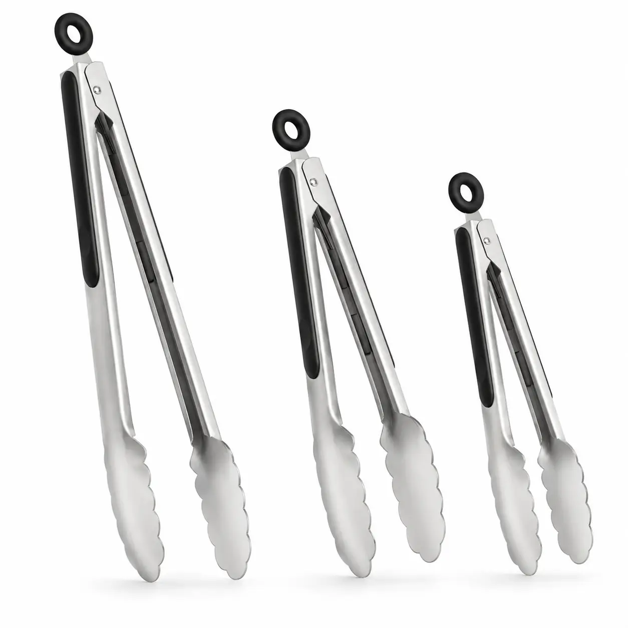 3PC Stainless Steel Kitchen Tongs Set (8", 10.5", 13.5") - Heavy Duty Metal Food Tongs with Locking Mechanism & Non-Slip Grip | Premium Heat Resistant Cooking Utilities for Air Fryer, Outdoor Grilling, BBQ & Salad Serving