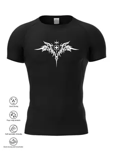 Men's Angel Wing Print Compression Sports Tee, Tight Casual Comfy Breathable Short Sleeve T-shirt for Gym Workout Running, Men's Sportswear Athletic Activewear for All Seasons, Gym Athletic Clothes