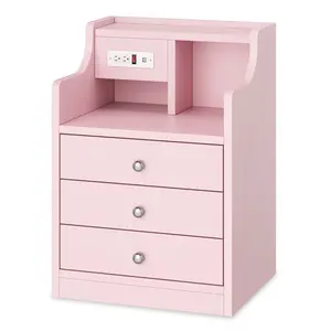 Sikaic Nightstand with 3 Drawers Charging Station Pink Bedside Cabinet Makeup Dressing Desk Bedroom Table Modern Accent Tables