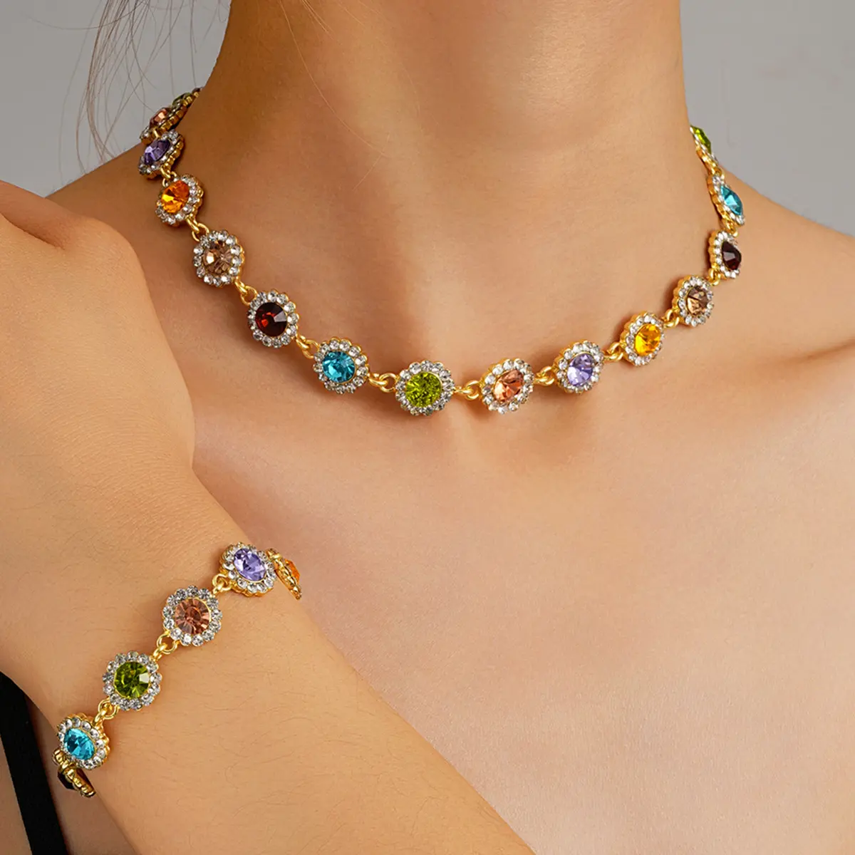 September Laurel  Bohemian Dopamine Colorful Rhinestone Artificial Crystal Necklace, Whimsical Necklace, Elegant Sparkling Jewelry for Women & Girls, Perfect Gift for Holidays & Birthdays