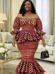 Orange & Blue Kente-Inspired Mermaid Dress –  Peplum African Print Skirt and Top Outfit