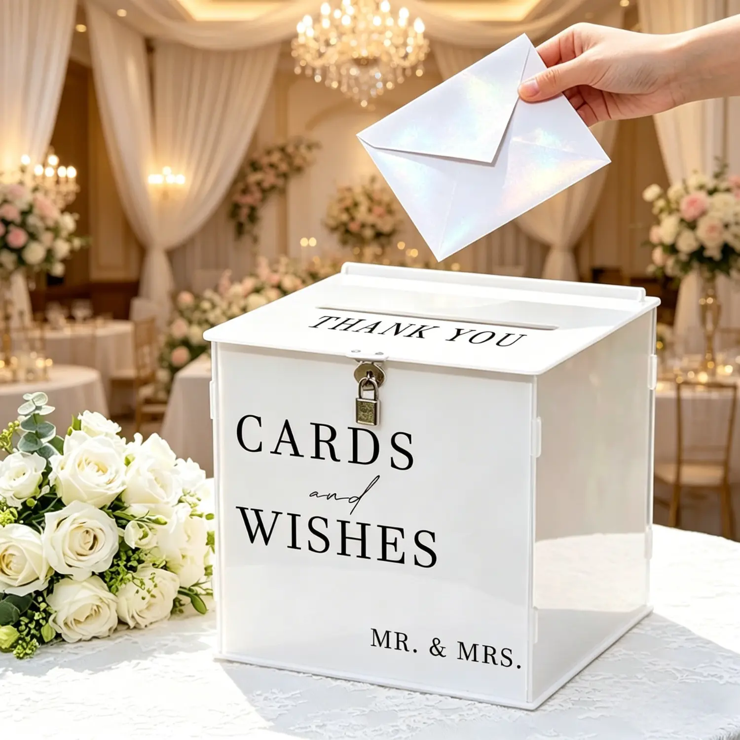 Lockable White Wedding Card Box, Large DIY Money Envelope Holder for Reception, Elegant Decor for Engagement, Bridal Shower & Anniversary Party