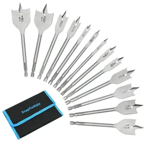 SnapFixMate 13 Piece Spade Drill Bit Sets, Paddle Flat Bit for Hole Cutter Woodworking, 1/4" to 1-1/2", Carbon Steel Paddle Flat Bit with Quick Change Shank, Nylon Storage Pouch Included