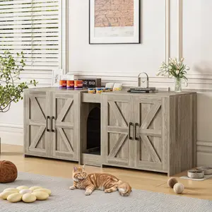 Litter Box Enclosure for 2 Cats, Hidden Litter Box Furniture with Double Rooms, Cat Bed, PVC Pad and Scratch Pad, Grey