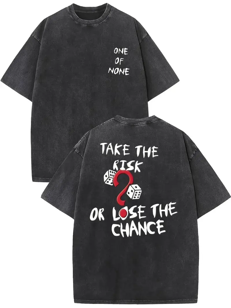 Men's Baggy Oversized Drop-Shoulder Vintage Washed Cotton Crewneck Shortsleeve T-Shirt - Soft, Breathable, Double-Sided Dice Slogan Print, Loose Casual Streetwear Top for Daily Wear