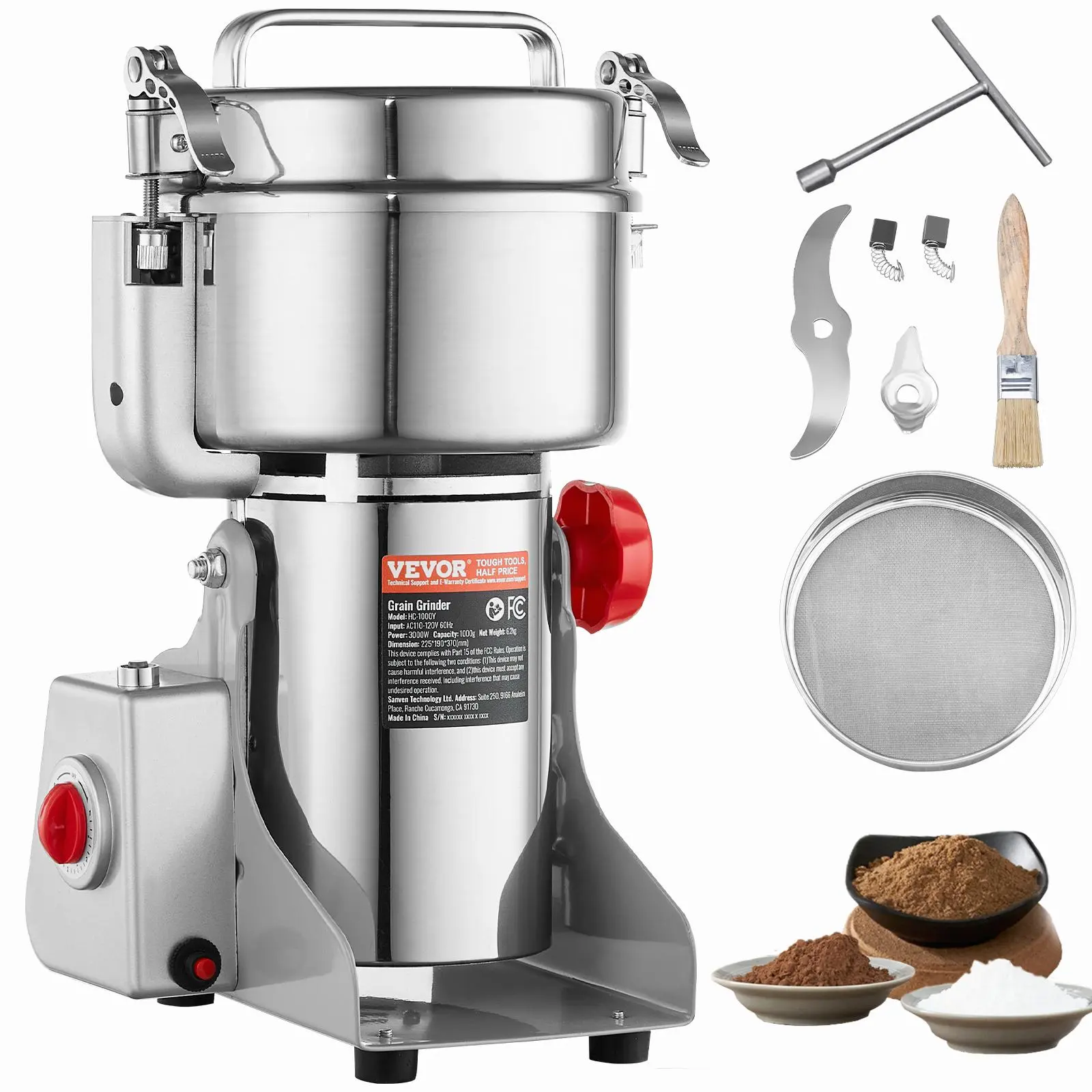 【Summerfinds】VEVOR 1000g Stainless Steel Electric Grain Mill Grinder, 3000W High-Speed Swing-Type Commercial Pulverizer Powder Machine, Overload Safe Superfine Grinding 28000(r/min) for Dry Grains, Spices, Coffee (for Commercial Users)