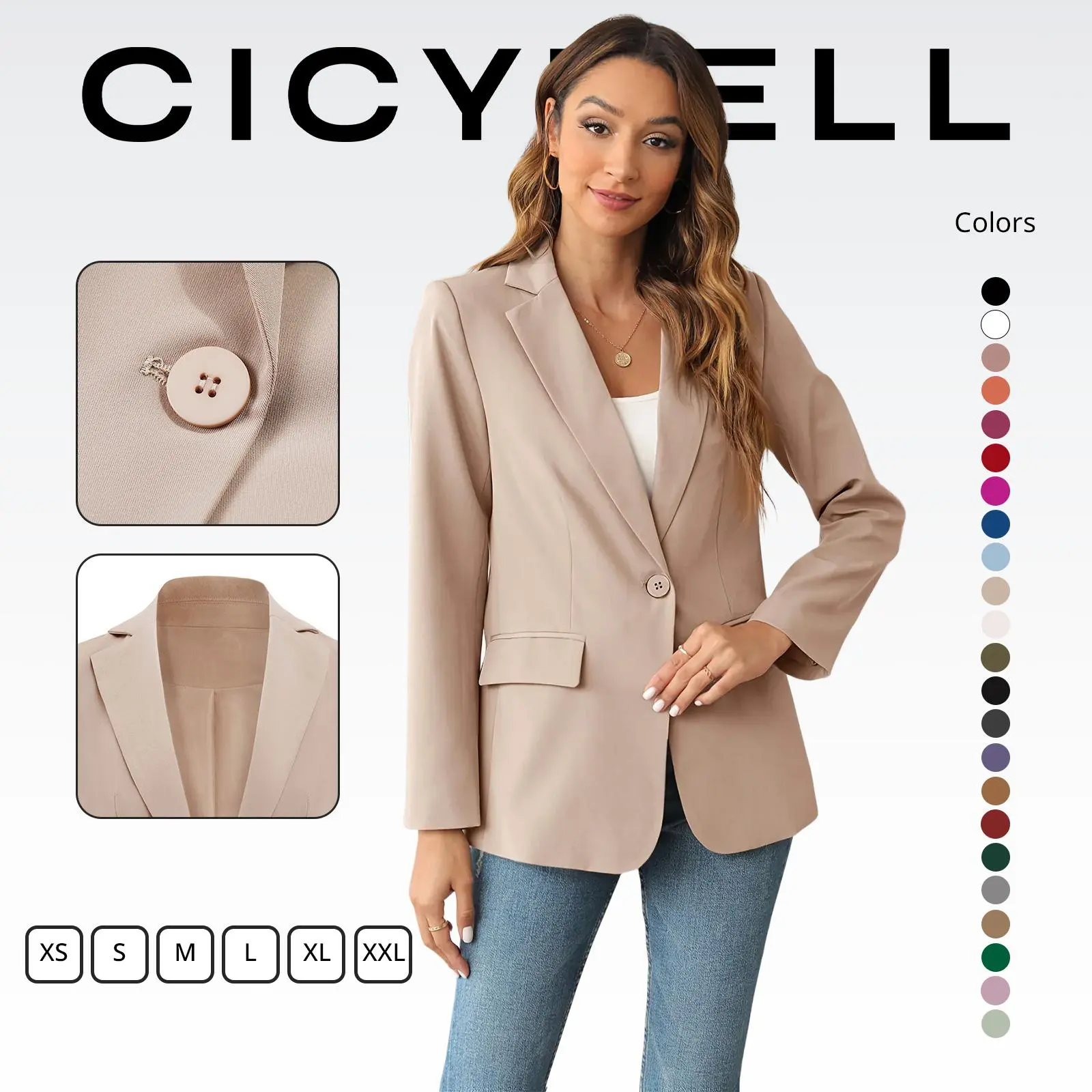 Cicy Bell  Women's Casual Blazer  Fitted Long Sleeve Work Office Suit Jacket with Flap Pockets Soft Wrinkle Resistant Fabric Minimalist Basic Collared