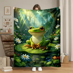 1pc Whimsical Frog Forest Pond Flannel Fleece Throw Blanket, Super Soft Warm Plush Bedding Sofa Throw, Cozy Fuzzy Microfiber Blanket for Living Room Bed Adults, Flannel Blankets