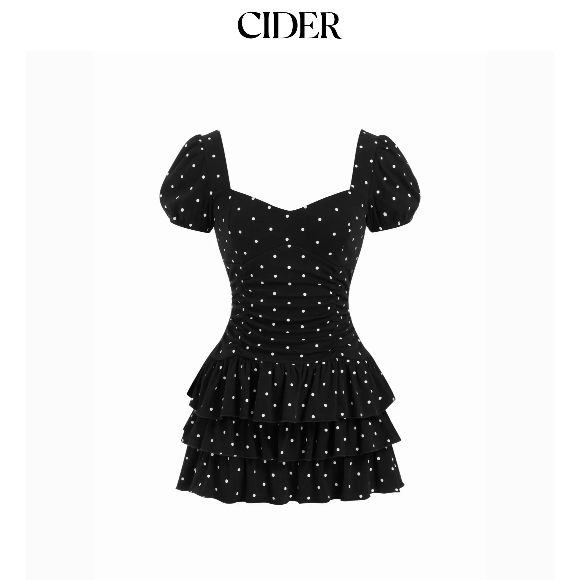 Cider Women's Knitting Cotton-Elastane Blend Polka Dot Style Sweetheart Short Puff Sleeve Ruched Tiered Layer Mini Casual Dress, Short Sleeve, A-Line
