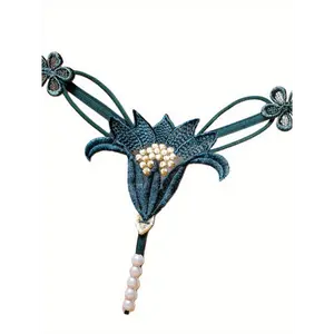 Women Thongs Lace Floral Briefs Pearl Massage Chain Panties Cute Flower Hollow Cut T-Back Low Waist Beads Panties