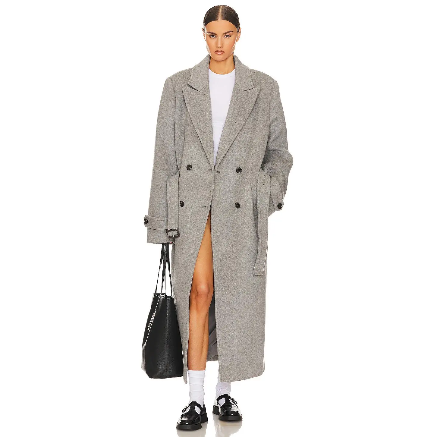 Helsa Bold Shoulder Long Coat in Grey
