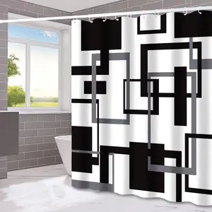 Geometric & Gingham Pattern Shower Curtain, Modern Abstract Waterproof Shower Curtain with 12pcs Hooks, Decorative Interior Bathroom Accessories for Home  Hotel Salon Dormitory, Bathroom Decoration Accessories