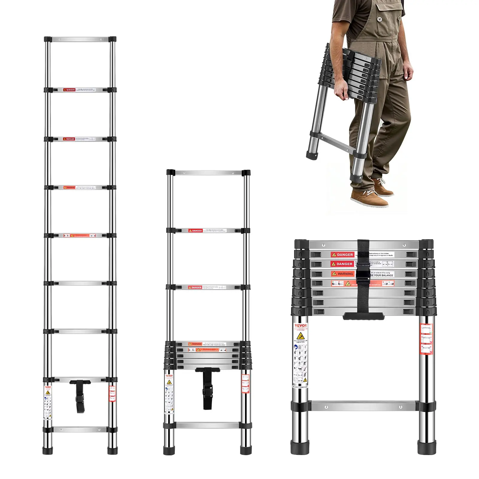【Summerfinds】VEVOR Telescoping Ladder, 8.5ft Stainless Steel Lightweight Extension Ladder, Multi-Button Retraction Collapsible Ladders, 330LBS Capacity & Non-Slip Feet, Portable 9-Step Ladders for Home, RV, Loft