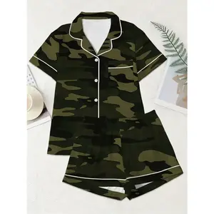 Women's Green Camouflage Print Short Sleeve Pajama Set Casual Military Inspired Sleepwear