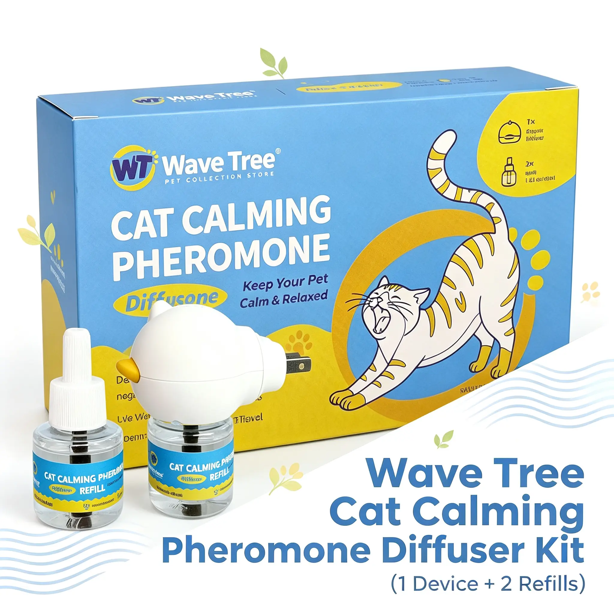 Wavetree Cat Calming Diffuser Kit (60-Day Supply) - Starter Kit + 1 Refill | Helps Support Cats with Stress, Urine Marking, Scratching, Excessive Meowing & Multi-Cat Stress | Results May Vary | DealsForYouDays