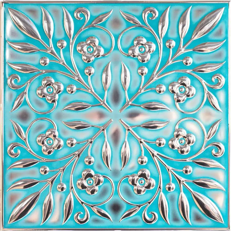 Teal and Silver Leaves Peel and Stick Metal Tiles – 10 Pack