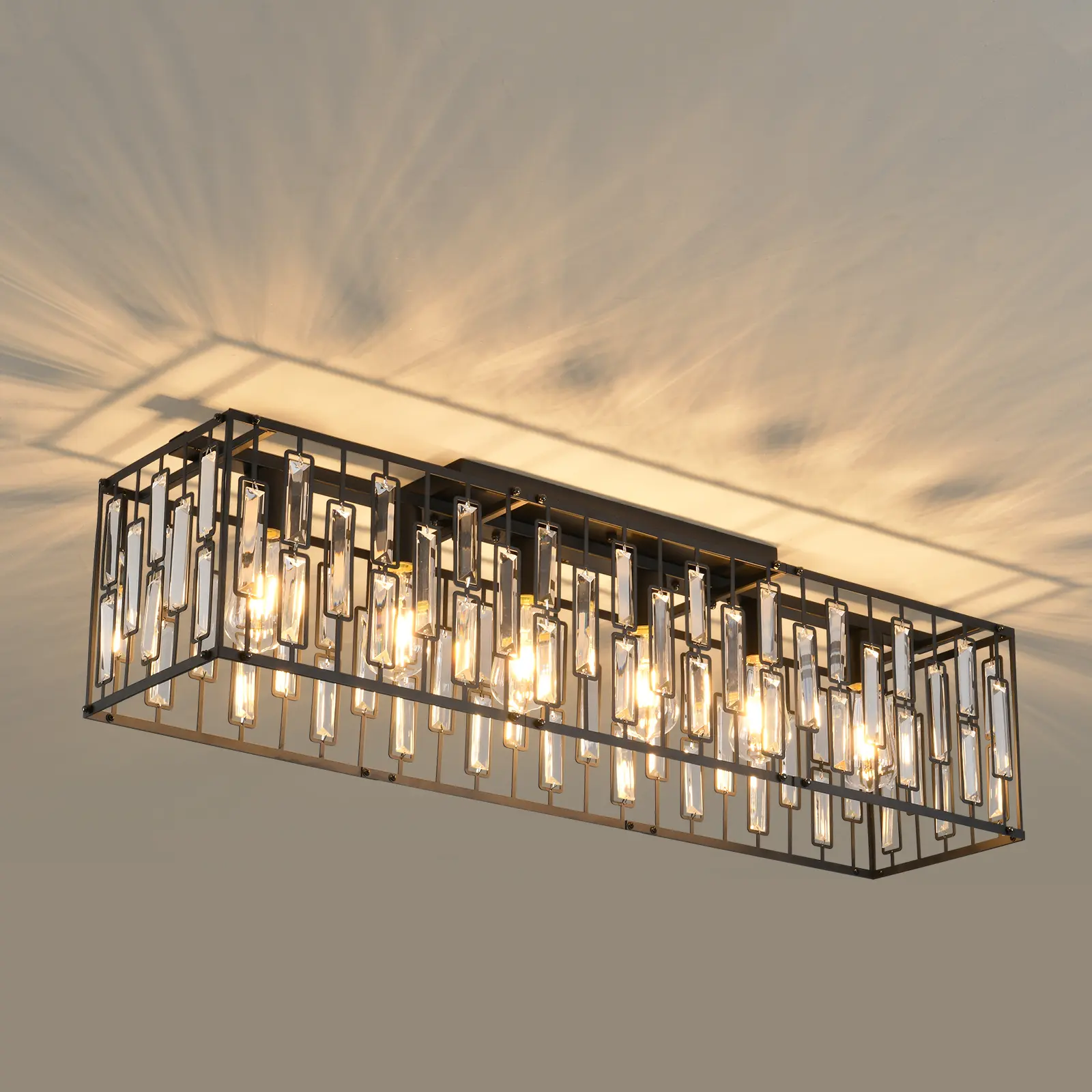 Garwarm 38.7in Crystal Chandelier for Living Room, 6-Light Rectangle Flush Mount Ceiling Light Modern Chandeliers for Dining Room,Kitchen Chandeliers Over Table
