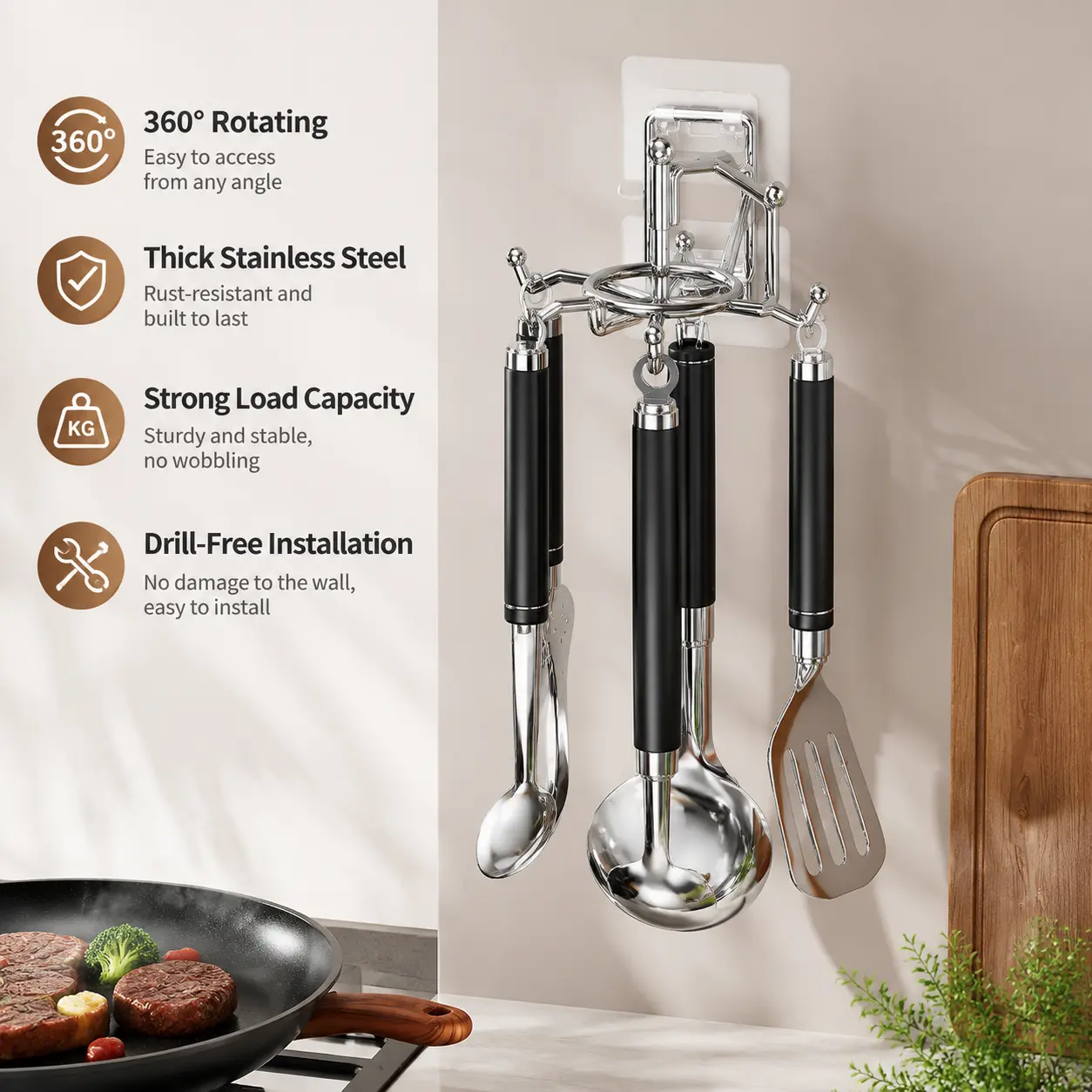 Stainless Steel Kitchen Utensil Rack Tool - 1-Count, 360-Degree Rotatable, No-Drill Wall-Mounted Organiser with Hanger Hook for Hanging Cookware, Cutting Boards (Easy Installation), Smooth