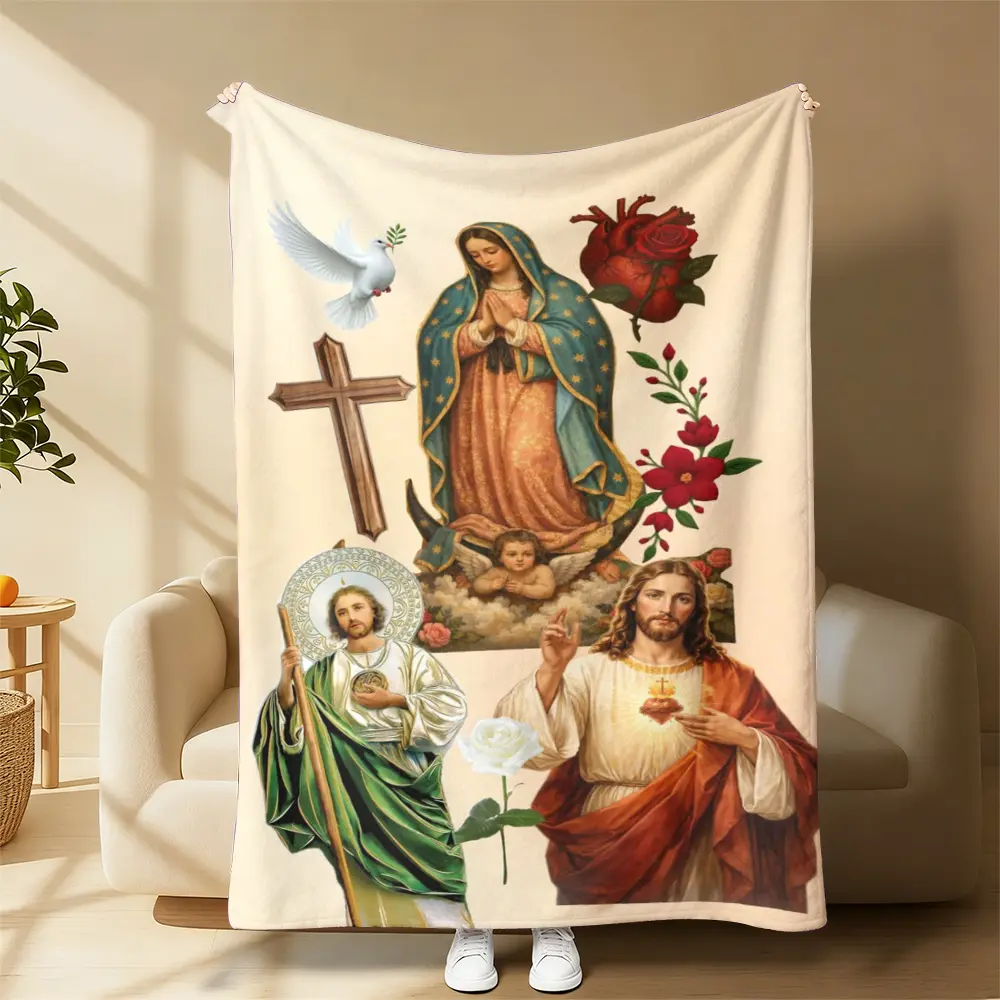 Vintage Catholic Sacred Collage Blanket, Our Lady Guadalupe Sacred Heart Jesus Saint Jude White Red Rose Dove Cross Fleece Throw Blanket, Antique Religious Art Blanket For Sofa Bed Nap Couch, Indoor Warm Throw Gift For Faith Art Enthusiasts