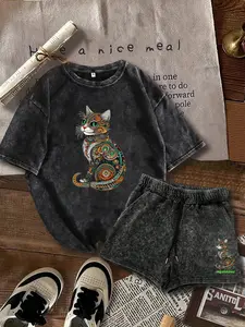 Two-Piece Set Women's Vintage Cat Print Tee & Shorts, Matching Clothing Set, Casual Round Neck Short Sleeve T-Shirt & Skinny Shorts, Ladies Summer Clothes, Womenswear